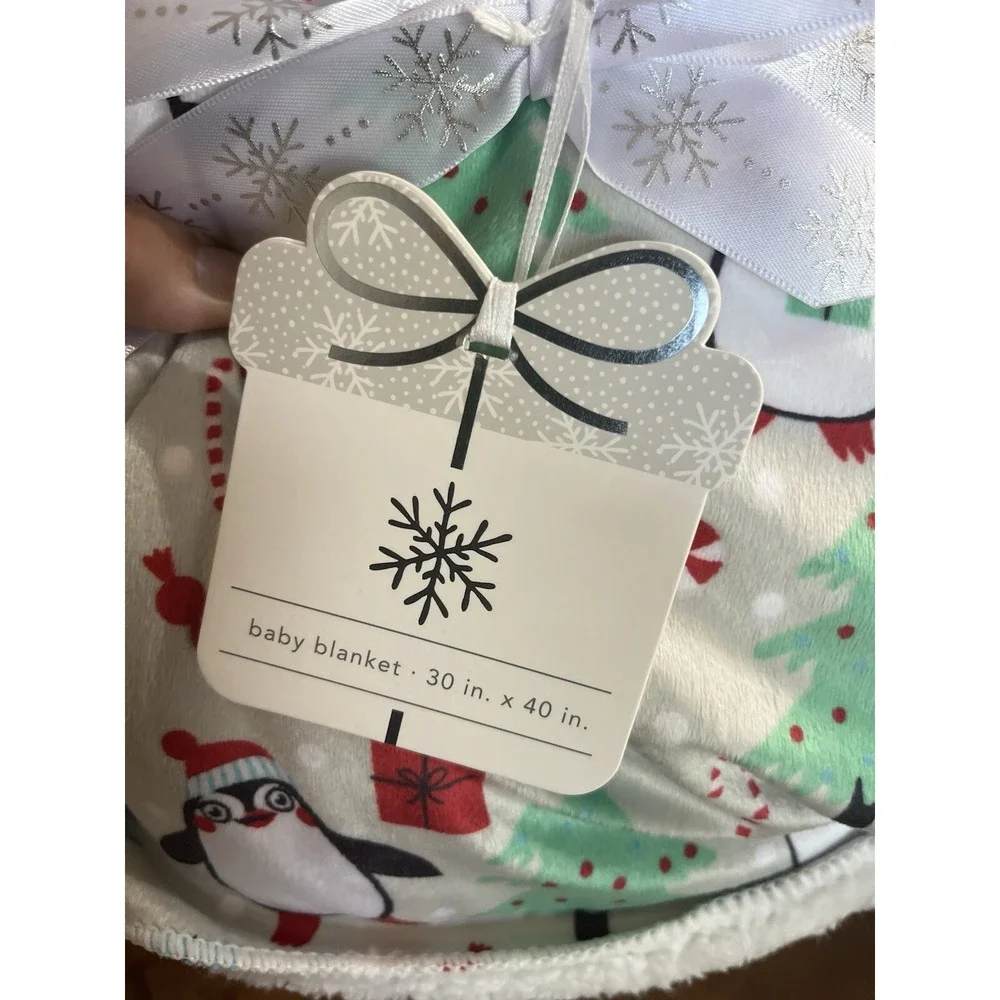 Penguin Christmas‎ Holiday Gray White Baby Blanket 